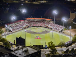 An aerial evening photo of the Texas Tech Baseball Playoff game 2016