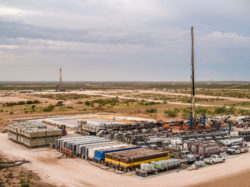 Overcast skies were present for this aerial photograph of fracking operations on the Permian Basin.